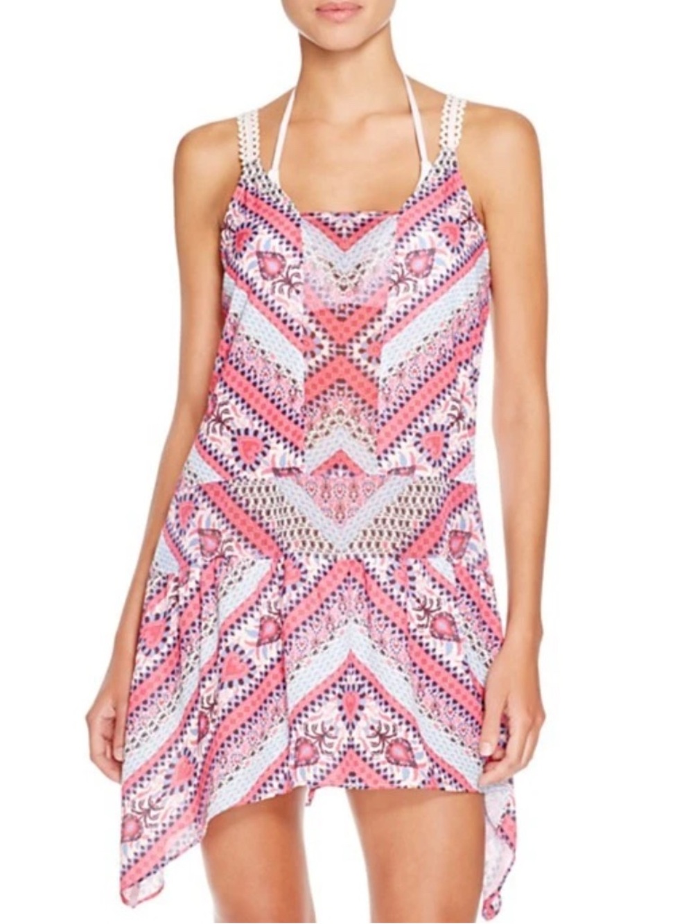 BECCA Pink and White Printed Crochet Swim Coverup